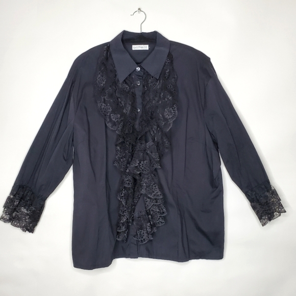 Ruffle Lace Front Shirt Size 2X Black Button-up Top Lace Trim Cuff Steampunk - Picture 5 of 13